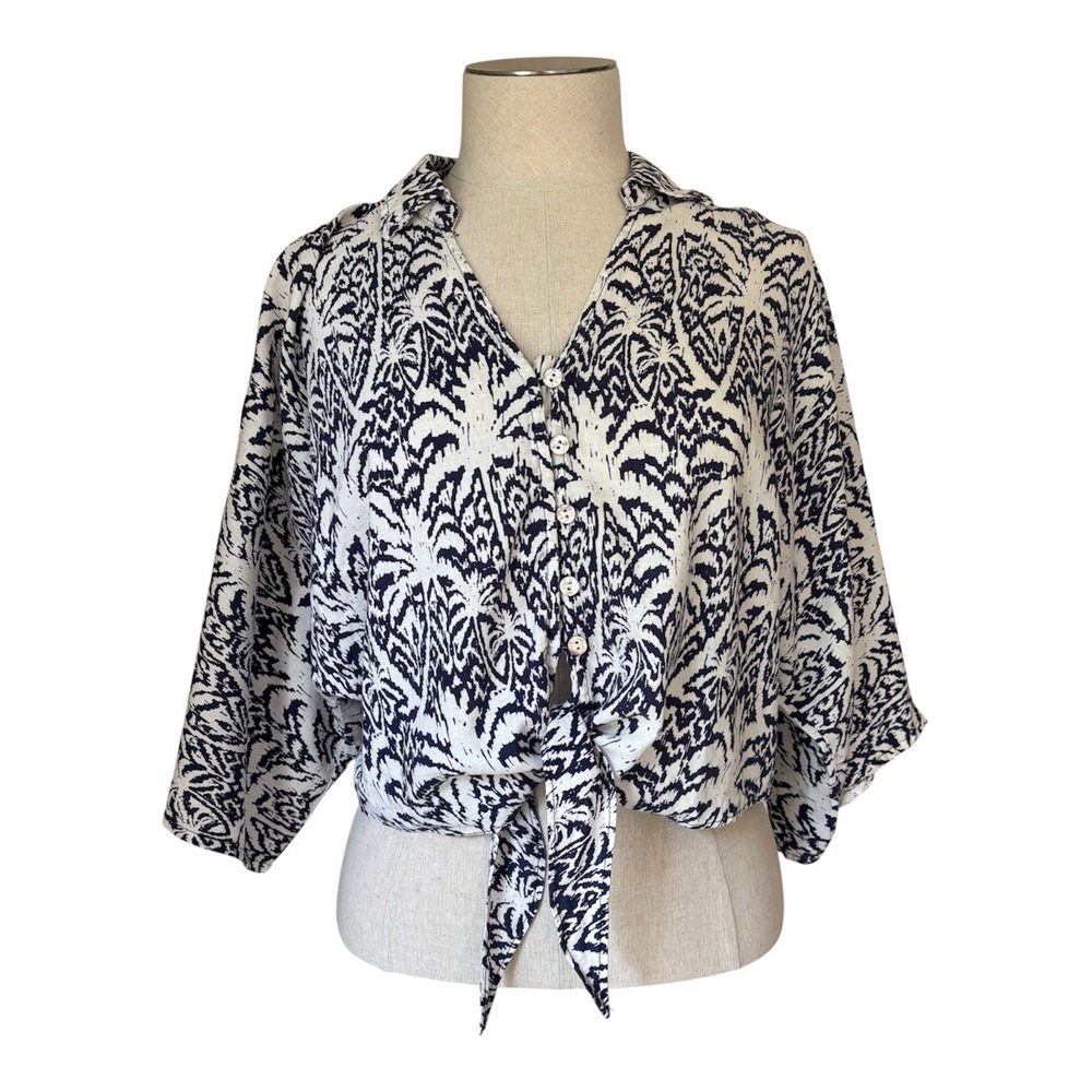 Panama Jack Womens L Linen Blend Tie Front Palm Print Crop Top Blue White Resort